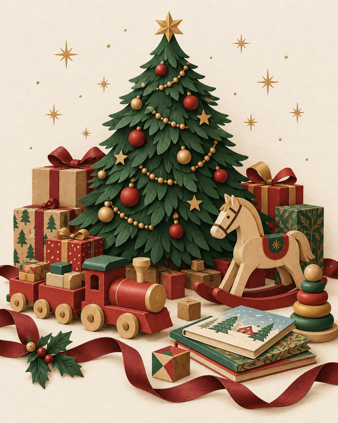 A festive paper-art Christmas tree surrounded by toys, books, and gifts.